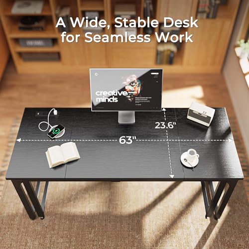 Huuger 63 x 24 inch Desk with Power Outlets & USB-C, Deeper & Thicker Desktop, Robust Metal Tubes, Computer Desk, Heavy Duty Office Desk, Work Gaming Desk, for Home Office, Black