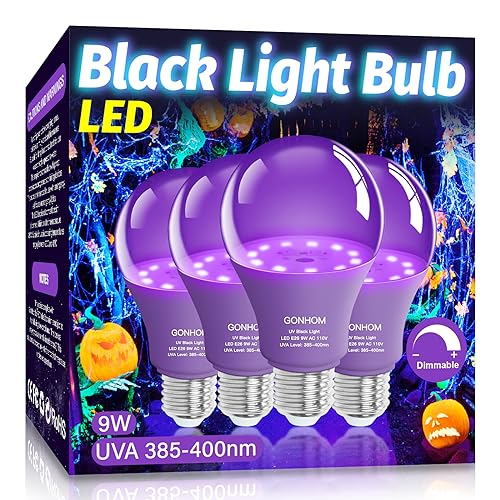 Gonhom 4 Pack A19 LED Black Light Bulbs Dimmable 9W Blacklight Bulb(100W Equivalent) E26 Base 110V UVA Level 385-400nm Glow in The Dark for Black Lights Party Body Paint Neon Glow Art Posters