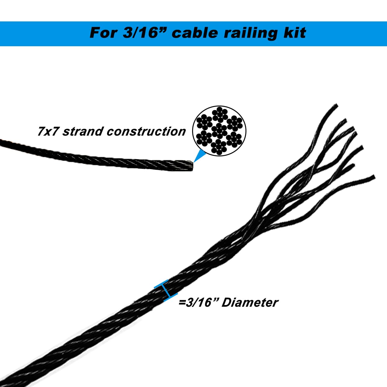 3/16" Black Wire Rope,T316 Stainless Steel Cable,200ft Aircraft Cablefor,Deck Cable Railing Hardware Kit,7 x 7 Strand Construction