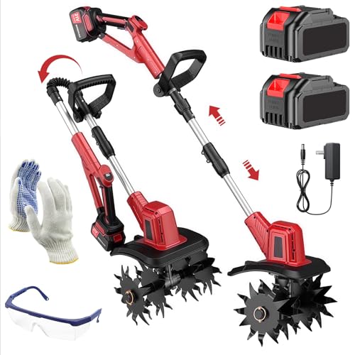 21V Cordless Tiller Cultivator, 300RPM Electric Garden Tiller, 2×4.0AH Batteries & Fast Charger Lightweight Rototiller 12
