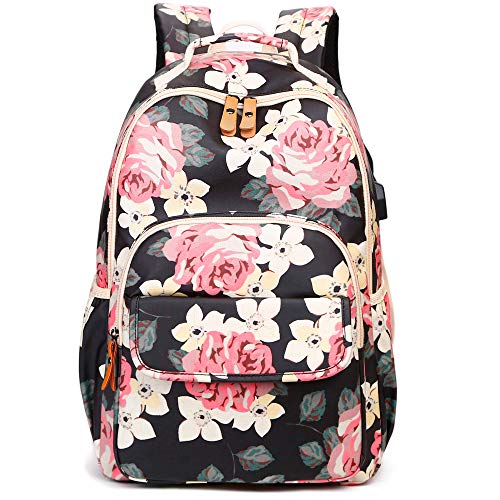 MORGLOVE Floral Schulrucksack Mädchen Teenager Groß Rucksack mit USB Ladeanschluss Port und Viel Platz für Damen Schule Arbeit Alltag Uni Nylon Wasserdicht (Schwarz)