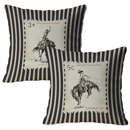 Fyecoluo Vintage Western Cowboy Pillow Covers 18x18 Set of 2 Western Room Decor Rustic Southwestern Rodeo Cowboy Striped Decorative Throw Pillow Covers for Home Living Room Bedroom