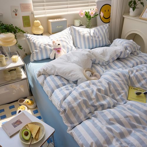 Image of Blue Striped Comforter Set Full Size, Vintage Blue White Stripes Pattern Printed Comforter with 2 Pillowcases, Breathable Soft Lightweight Bedding Comforter Boho Farmhouse Striped Comforter Set