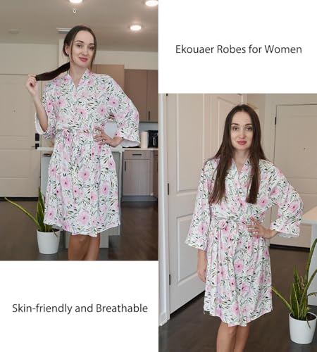 Image of Ekouaer Women Kimono Robes Knee Length Knit Bathrobe Lightweight Soft Sleepwear V-neck Casual Ladies Loungewear