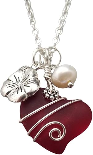 Handmade in Hawaii, Ruby Red Heart Sea Glass wire wrap, Hibiscus and Natural pearl,"July Birthstone", (Hawaii Gift Wrapped, Customizable Gift