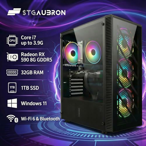 Image of STGAubron Gaming PC Computer Desktop, Intel Core i7 up to 3.9G, Radeon RX 590 8G, 32GB RAM, 1TB SSD, WiFi 6, BT 5.0, RGB Fan x4, Windows 11 Home