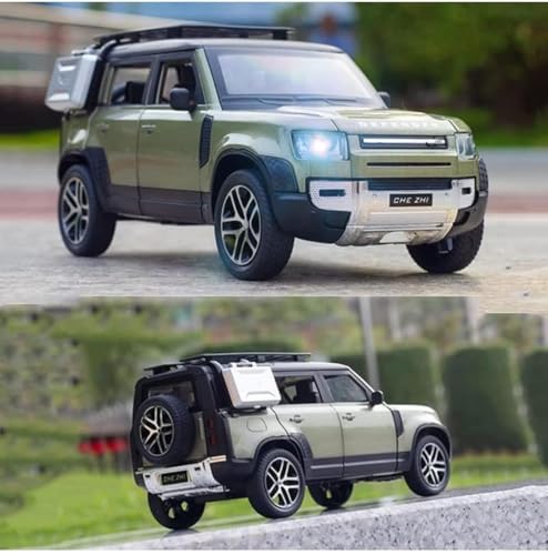 Image of 1:32 Scale Land Rover Defender Model Car - Exclusive Alloy Metal Pullback Toy with Openable Doors, Lights, and Music for Kids (Green Colour)