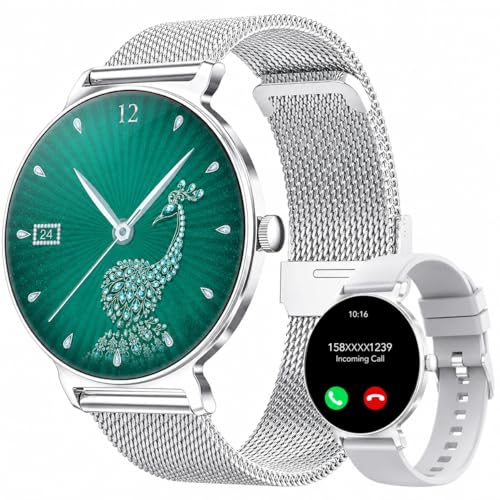 taopodo Smartwatch Damen mit Telefonfunktion 1 27-Zoll AMOLED-HD Voll-Touchscreen Smartwatch 120+ Sportmodi IP68 Wasserdicht Fitness Tracker mit Herzfrequenz Schlafmonitor für iOS Android Silber