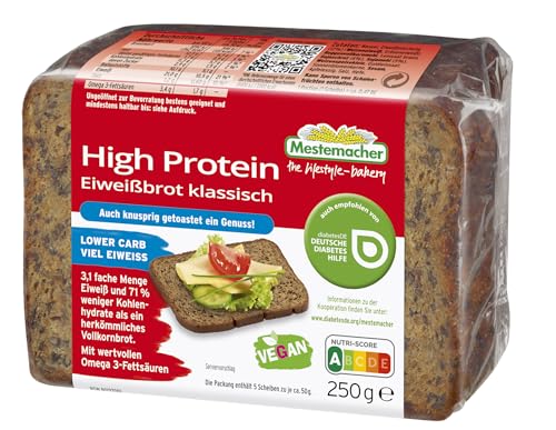 Mestemacher High Protein Eiweißbrot klassisch 21 1g Eiweiße pro 100g Lower Carb: 69% weniger Kohlenhydrate als Weizenvollkornbrot mit mega-3-Fettsäuren 5 Scheiben 250g
