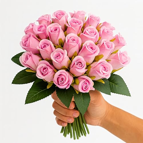 Image of Set of 24 Artificial Rose Flowers Bunches for Vase - Home Decoration Gift Items for Living Room Corner Table Top Bedroom Wedding (Pot Not Included) - 24 CM (Pink)
