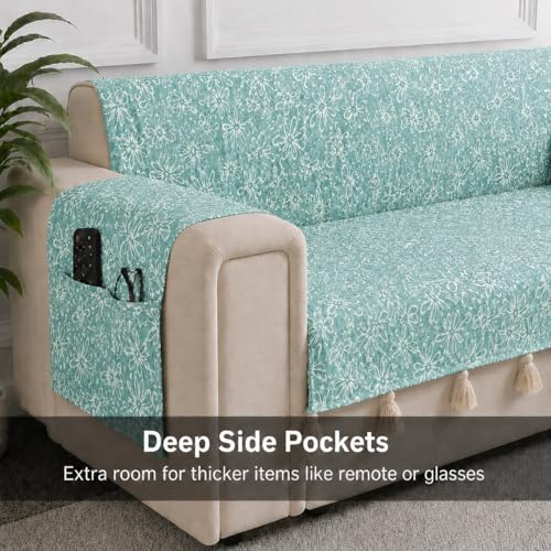 Image of STITCHNEST 'Verdant Phool Stories' 2 Seater Sofa Cover | Full Coverage with Armrest Pockets | Elegant Jacquard Fabric, Decorative Tassels, Washable & Durable for Modern Living