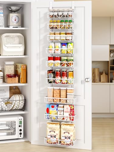 Delamu Narrow 9-Tier Over the Door Pantry Organizer, Adjustable Pantry Storage, Metal Hanging Spice Rack, Cabinet Door Organizer for Kitchen, Bathroom, Laundry Room, 12.5