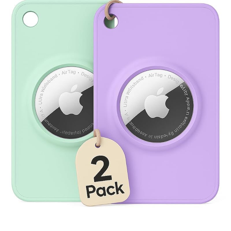 Suporte porta-cartão para Apple AirTag EVEO em silicone flexível ultrafino verde e roxo, kit com 2 unidades