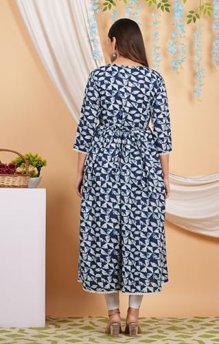 Image of purple sky Women's Cotton Blend Printed Anarkari Suit with Lucknowi Work on Neck