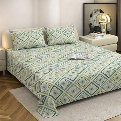 Image of Cotton Feel King Size Flat Bedsheet for Double Bed (90 x 100 Inches | 230 x 250 cm) with 2 Pillow Covers | Soft & Smooth Printed Bedsheet for Daily Use (Emerald, King Bed-90x100)