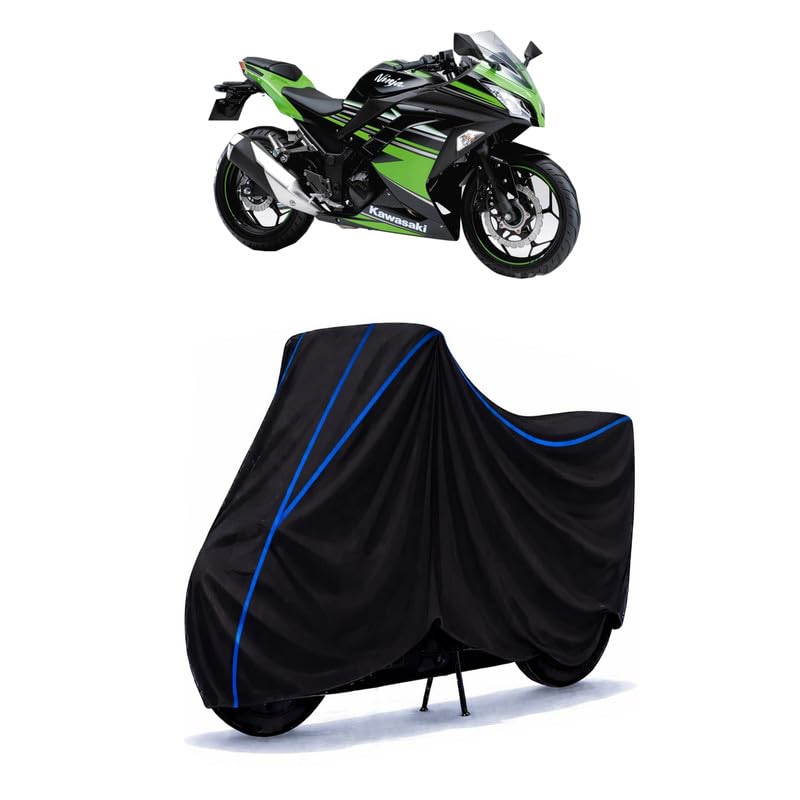 Image of Ninja 300 Standard Bike Cover Water Resistant Universal Motorcycle Rain | Heavy Duty UV Protection, Dust, Scratch Indoor Outdoor All Weather with Black Blue Piping Elastic
