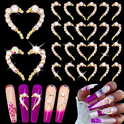 Aiersa Heart Nail Charms, Heart 3D Nail Charms, 12 Pairs Heart Nail Decals With Rhinestones For Nails Decor, Gold 24 Pcs Valentines Nail Art Decorations #TOP24