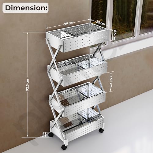 Image of Plantex 4-Tier Multipurpose Storage Trolley with Wheels /Rotating Kitchen Vegetable Rack /Stainless Steel Space Saving Organizer Basket Stand /Heavy Duty Rolling Utility Cart-(Chrome)