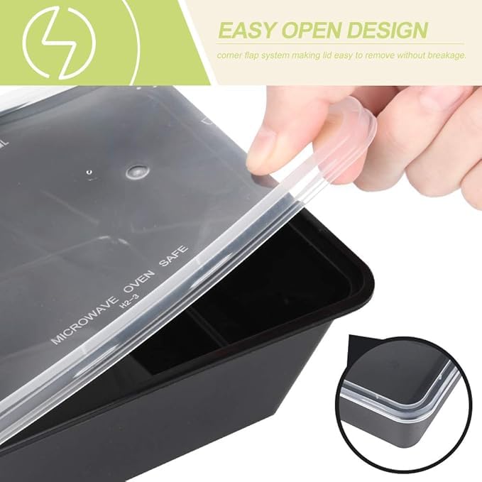 Image of [500 ml, 25 Count, Rectangle, Black Reusable Plastic Food Storage Containers with Lid | Airtight, Microwave Safe Containers | Perfect for Meal Prep, Storage, Takeaway & Food Delivery