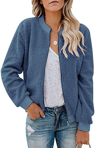 Eurivicy Women Fleece Jacket Winter Bomber Long Sleeve Faux Sherpa Fuzzy Casual Zip Up Coat Pocket