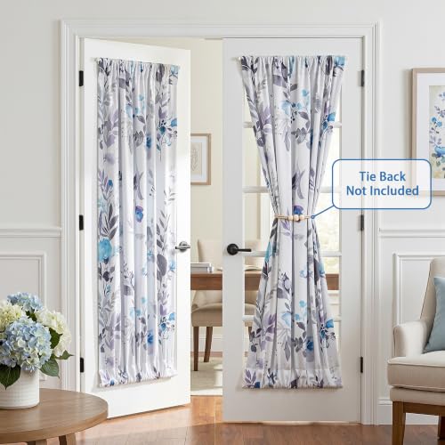 Image of MYSKY HOME Floral French Door Curtains 72 inch Long Set of 2 Blackout Privacy Sidelight Door Window Drapes with Rod Pocket, Blue, 24 inch W Each Panel