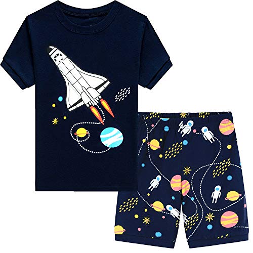 Image of Little Boys Short Set Pajamas for Boys 100% Cotton Toddle Firetruck Dinosaur Sleepwear Summer Clothes Size 2-7T
