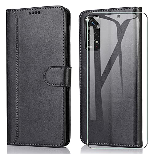 SMYTU Coque pour Xiaomi Redmi Note 11 4G + Verre Trempé,Housse en Cuir Case Xiaomi Redmi Note 11s 4G,Protection Portefeuille Case Cover de Magnétique for Xiaomi Redmi Note 11 / Note 11s 4G - Noir Cover