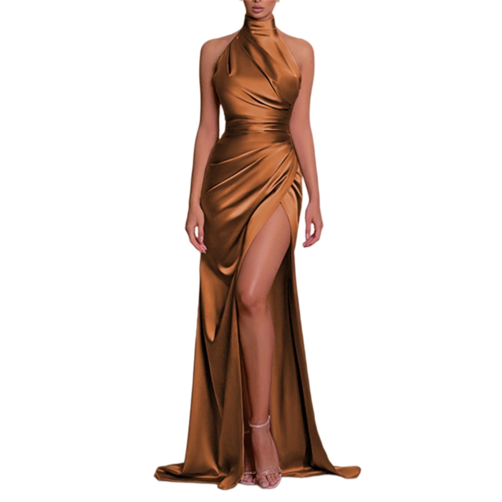 Vestito Elegante Donna Raso Maxi Abito Halter Collo Schienale Laterale Fessura da Sera per Cocktail Party-Champagne-XL