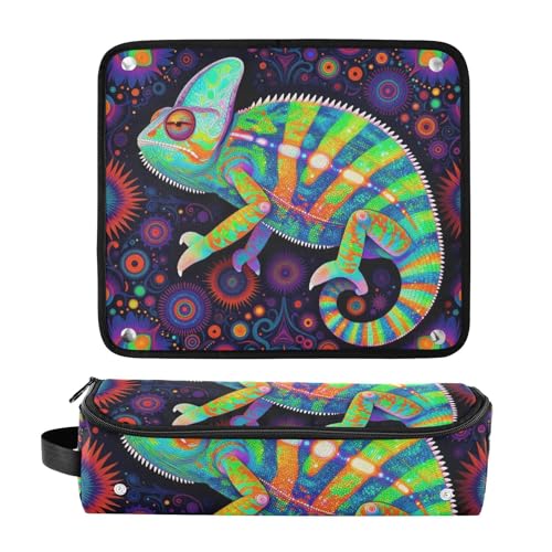 Estuche de viaje 2 en 1 para plancha rizadora con tapete resistente al calor impermeable para herramientas calientes, planchas y estilizador de cabello efecto arcoíris camaleón psicodélico miniatura 3
