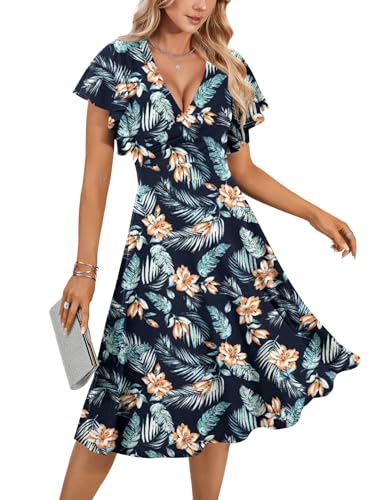 Image of LYANER Women's Warp V Neck Ruffle Short Sleeve A Line Swing Flared Cocktail Party Midi Dress