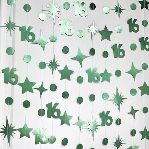 Image of Sage Green Number 16 Circle Dot Twinkle Star Garland Hanging Streamer Bunting Banner Backdrop Decorations for Girls Happy 16th Birthday Sweet Sixteen 16th Anniversary Cheers to 16 Years Party Decor