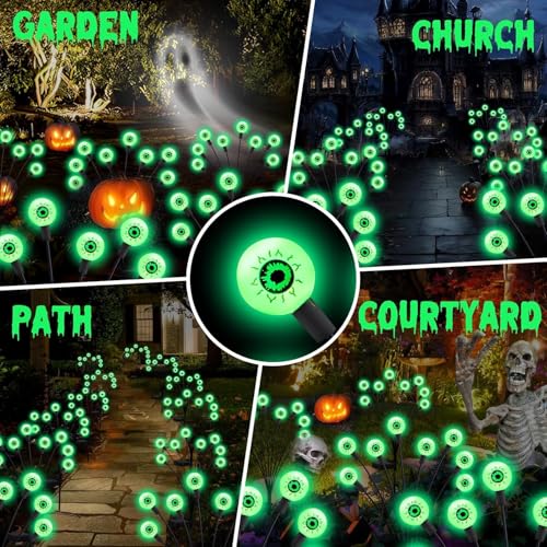 Image of ASMAD Halloween Decorations Outdoor Solar Scary Eyeball Lights, 8Pack 64LEDs Green Eyeball Swaying Firefly Light, Waterproof Halloween Path Lights for Garden /Yard /Patio /Party Decor