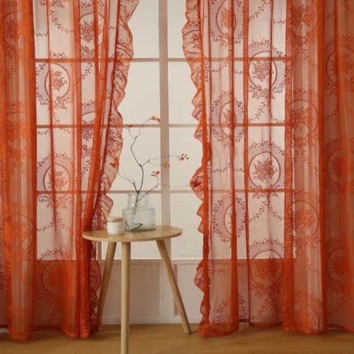 Fmorgen Französische Spitzenvorhang Durchlässig Spitzenvorhang, 2 Stück Spitzengardinen Gardinen Vintage-Fensterbehandlung Ösenvorhang für Wohnzimmer Schlafzimmer (Orange-140x260CM)