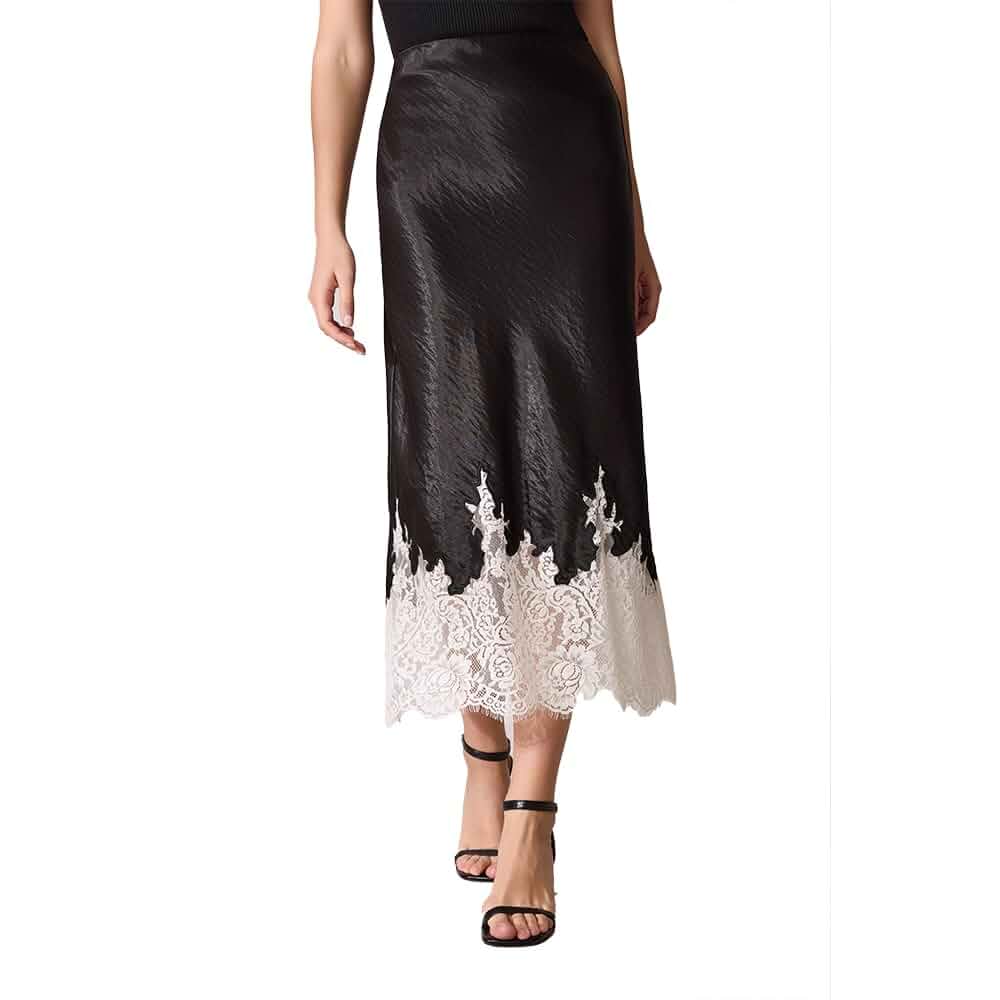 Women's Satin Midi Skirt, Lace Hem, Bias-Cut A-Line Smooth side zipper, dress up or down, date night outfit, office wear, party outfit, wedding guest outfit, everyday wear