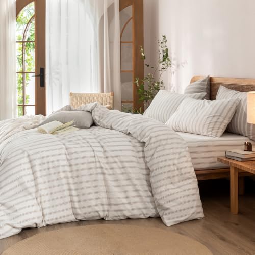 Image of BESTOUCH Duvet Cover Set 100% Washed Cotton Linen Feel Super Soft Comfortable Chic Lightweight 3 PCs Home Bedding Set White & Linen Grey Stripes Twin
