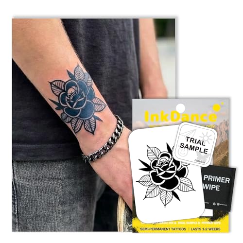InkDance Semi-Permanent Tattoo, Old School Rose, Long Lasting Temporary Tattoos, Waterproof Plant-Based Ink, Lasts 1-2 Weeks, Color Develops in 24 Hours X185