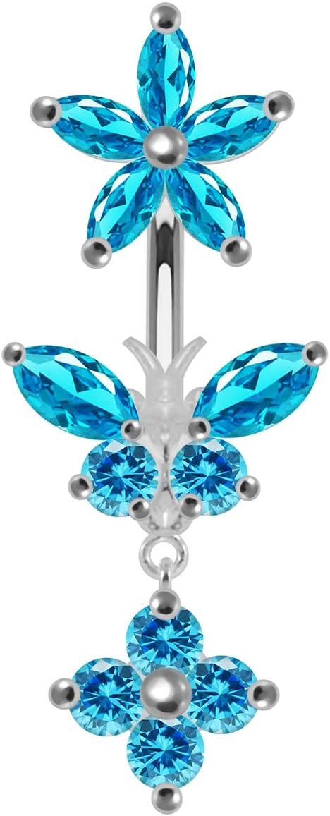 Flower with Butterfly Dangling Double Side Design 925 Sterling Silver with Stainless Steel Belly Ring - Belly Button jewelry - Navel jewelry - Silver Navel Ring