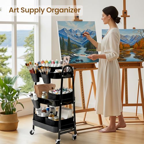 3-Tier Rolling Utility Cart with 4 Woven Baskets, Diaper Book Snack Cart, Storage Organizer for Nursery, Kitchen, Craft Room, Home SPA, Living Room, Metal Frame Trolley on Lockable Wheels, Black by AOZITA - Used condition - Image 3