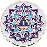 1 Year AA Coin - Sobriety Mint 'in Bloom' Lotus Flower Recovery Medallion/Chip - White/Gold