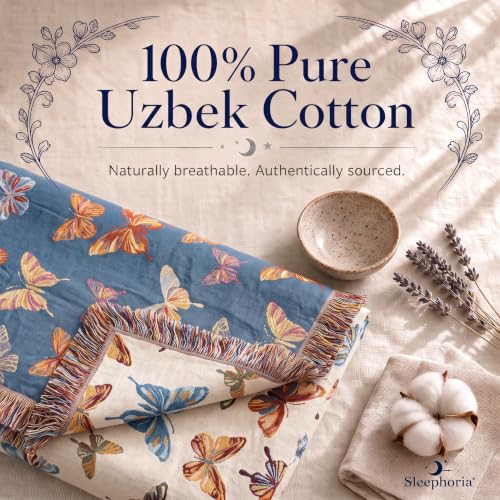 SLEEPHORIA 100% Uzbek Cotton Boho Throw Blanket - Heavyweight Cotton Throw Blanket for Bed - Reversible Woven Vintage Floral Decorative for Couch Sofa - Soft Bohemian 60" x 80" (Butterfly) by SLEEPHORIA - Used condition - Image 5