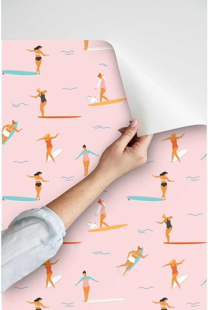 Peel & Stick Wallpaper 3ft x 2ft - Surfers Pink Surfing Surf Women Sea Sport Retro Vintage Beach Summer Baby Custom Removable Wallpaper by Spoonflower