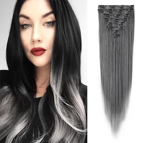 Dcbaboo Extensiones de Clip de Pelo Liso 8PCS 60cm Extensiones Pelo Sintetico Clip Postizos de Pelo Extension de Cabello Largo para Mujeres 140g, Negro Ombre Gris