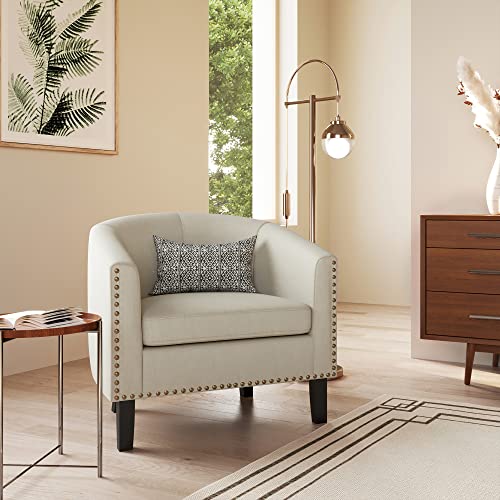 Image of BELLEZE Accent Barrel Chair Set of 2, Modern Tub Club Chair Upholstered Armchair with Gold Nail Head Trim and Black Legs for Living Room Bedroom Apartment Lounge - Beige /Linen