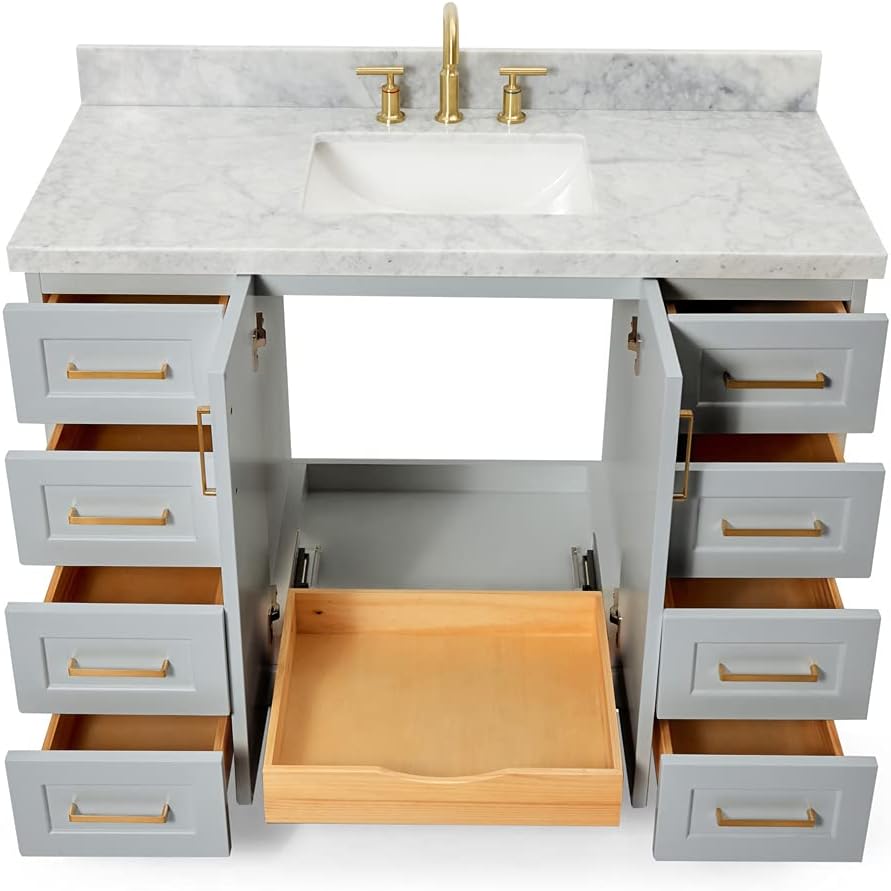 ARIEL Taylor 48-inch Bathroom Vanity with Sink,Solid Wood, 1.5-inch Italian Carrara Marble Countertop & Backsplash, Single Rectangular Porcelain Sink, 2 Soft Closing Doors, 9 Dovetail Drawers, Grey