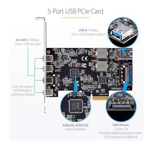 Image of StarTech.com 5-Port USB PCIe Card, USB 3.2 10Gbps, PCI Express Card with 4X USB-C Ports, 1x USB-A Internal Port