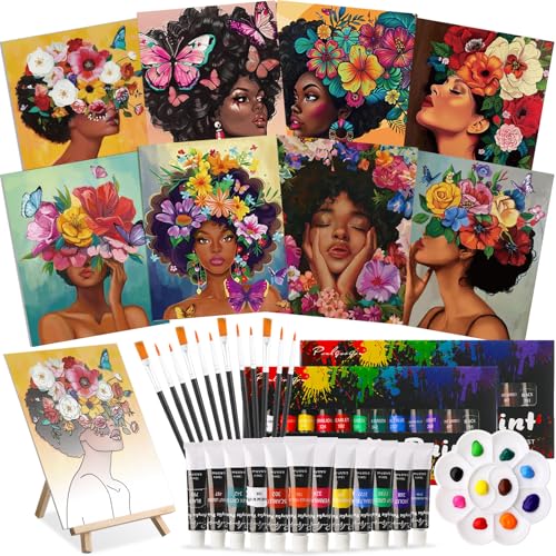 Cholemy 36 Pcs Paint and Sip Kit for Adults 8x10 Pre Drawn Canvas for Painting DIY Afro Acrylic Painting Kit Wood Easel Brushes Date Night Bulk for Summer 4th of July Party Gift(Flower Lady)