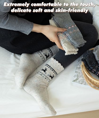 Image of IIG Cute Warm Wool Socks for Women Super Cozy Thick Crew Winter Socks Gifts, 5 Pairs