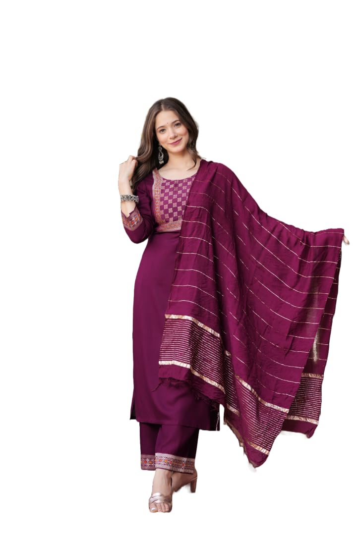 Applique Solid Color Kurti-Pajama Set with Dupatta for Women – Elegant Traditional Wear