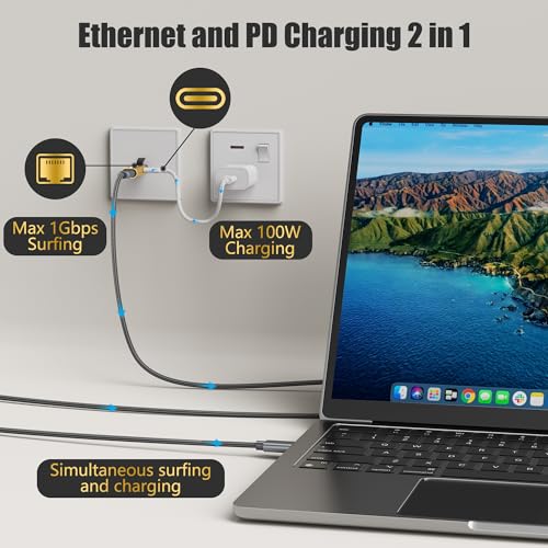 Image of USB C to Ethernet Adapter with 100W Power Delivery, RJ45 Male to USB C Female Network LAN Adapter, Built-in Smart Chip, 1Gbps, Charging and Surfing 2 in 1, Supports PC, Laptop, Tablet, Smartphone
