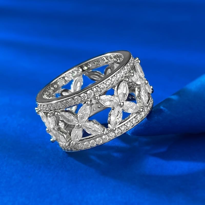 S925 Silver Plated Rings Cubic Zirconia Clover Flower Ring | 12mm Eternity Rings for Women | Silver Rings for Women - Image 6